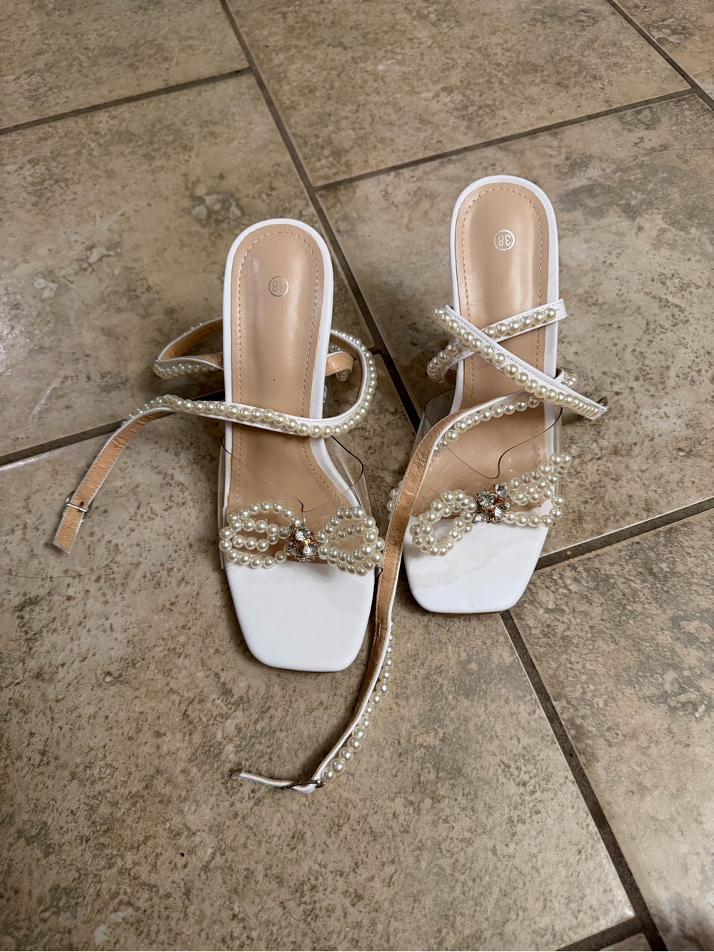 Pearl Embellished Bowknot White Strappy Heels